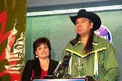 National Congress of American Indians President Tex Hall and executive directory Jackie Johnson at National Press Club in Washington, D.C. January 31, 2003. Photo NSM.