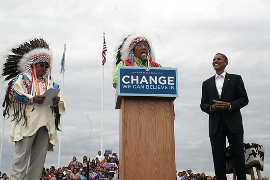 Crow Chairman Carl Venne (left) and then-Sen. Barack Obama (D-Illinois) at a rally on the Crow Reservation in Montana. Robert Old Horn is in the middle. May 19, 2008
