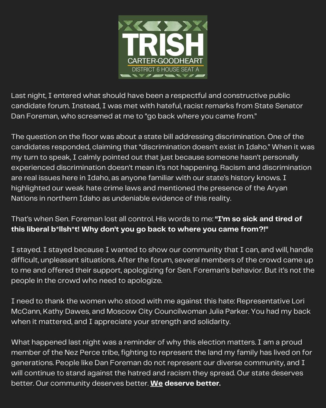 Trish Carter-Goodheart for Idaho Statement