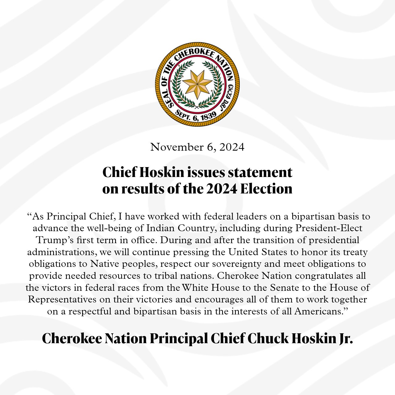 Chief Hoskin issues statement on results of the 2024 Election