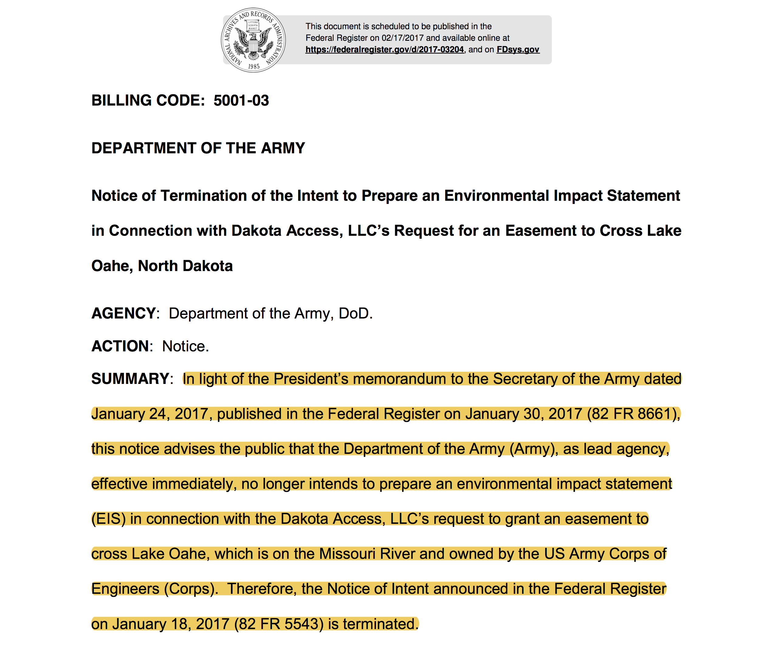 Army Department formally cancels review of Dakota Access Pipeline