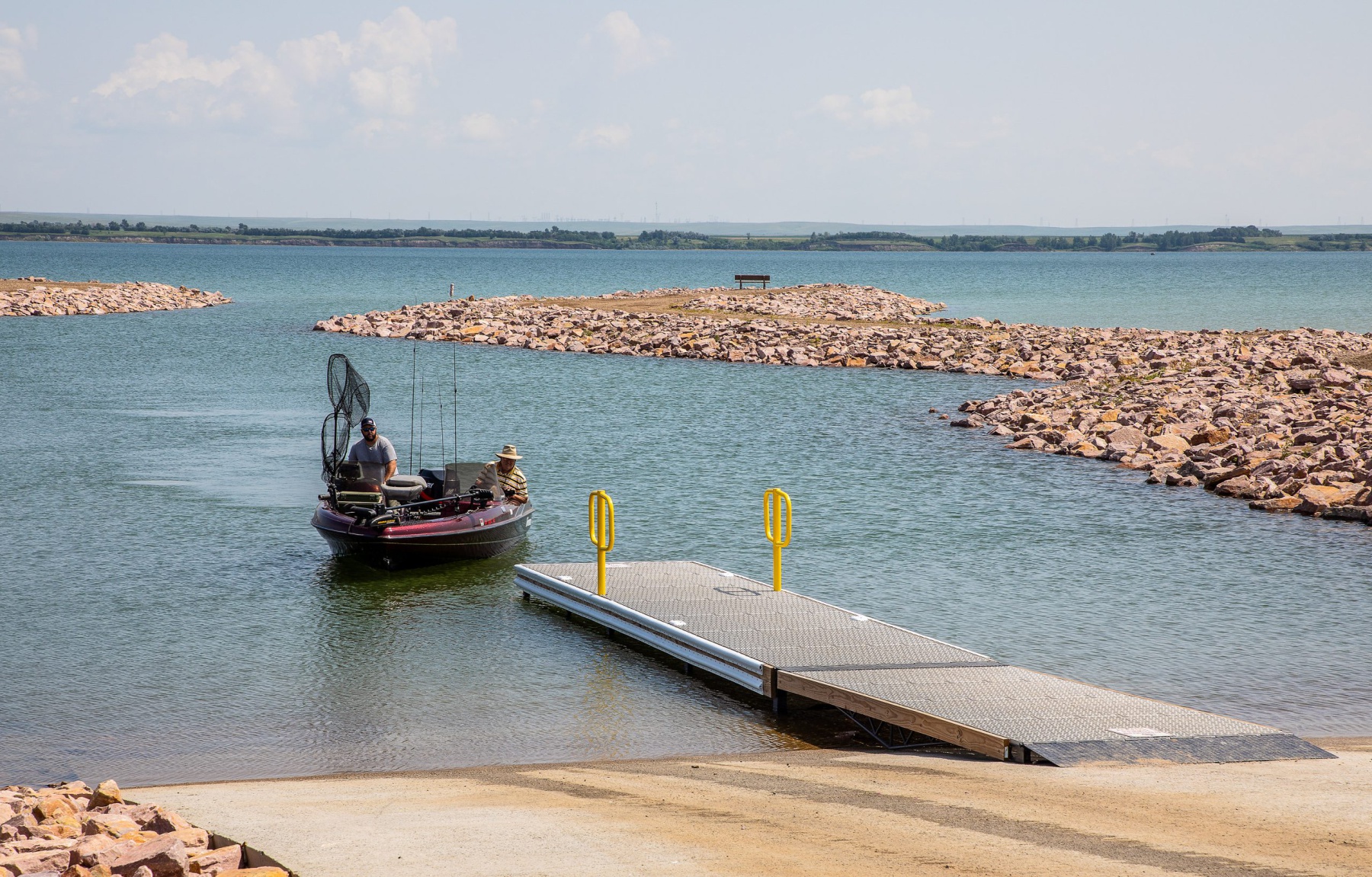 Visitors utilize a boat ramp at the Wata Onazin Recreation Area July 21, 2023 in Lower Brule, South Dakata. The recreation area is part of the Lower Brule Sioux Tribe natural resources preservation and ecosystem restoration project. The Tribal Partnership Program construction project was recently completed by the U.S. Army Corps of Engineers, and this first to be completed in the Nation. (U.S. Army photo by Delanie Stafford)