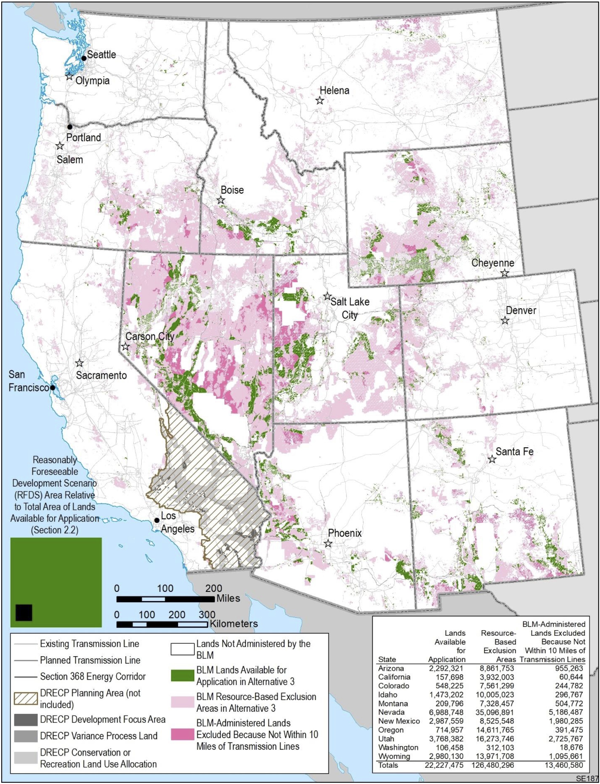 Figure ES-3. BLM-Administered Lands Excluded and Available for Application in the 11-State
Planning Area under Alternative 3