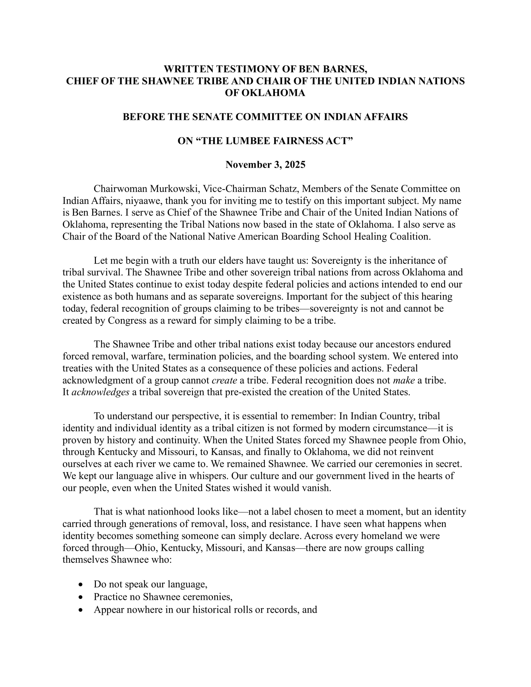 Testimony: Ben Barnes