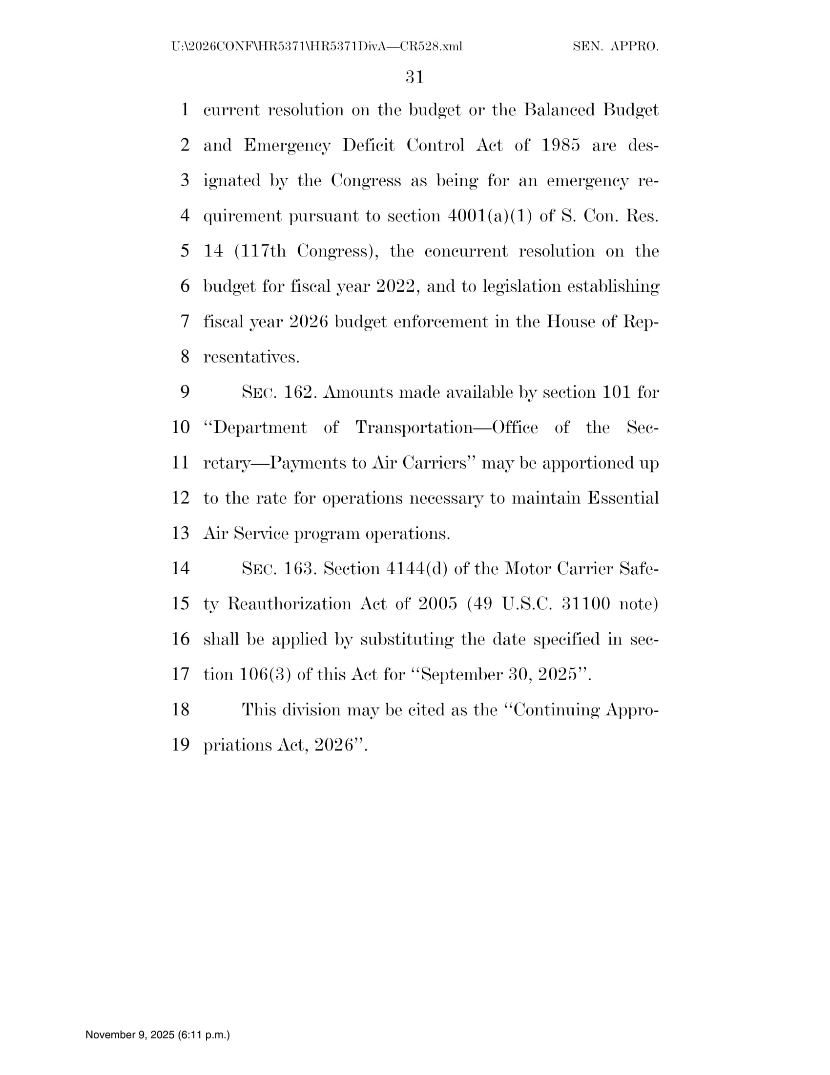 Continuing Appropriations Act, 2026