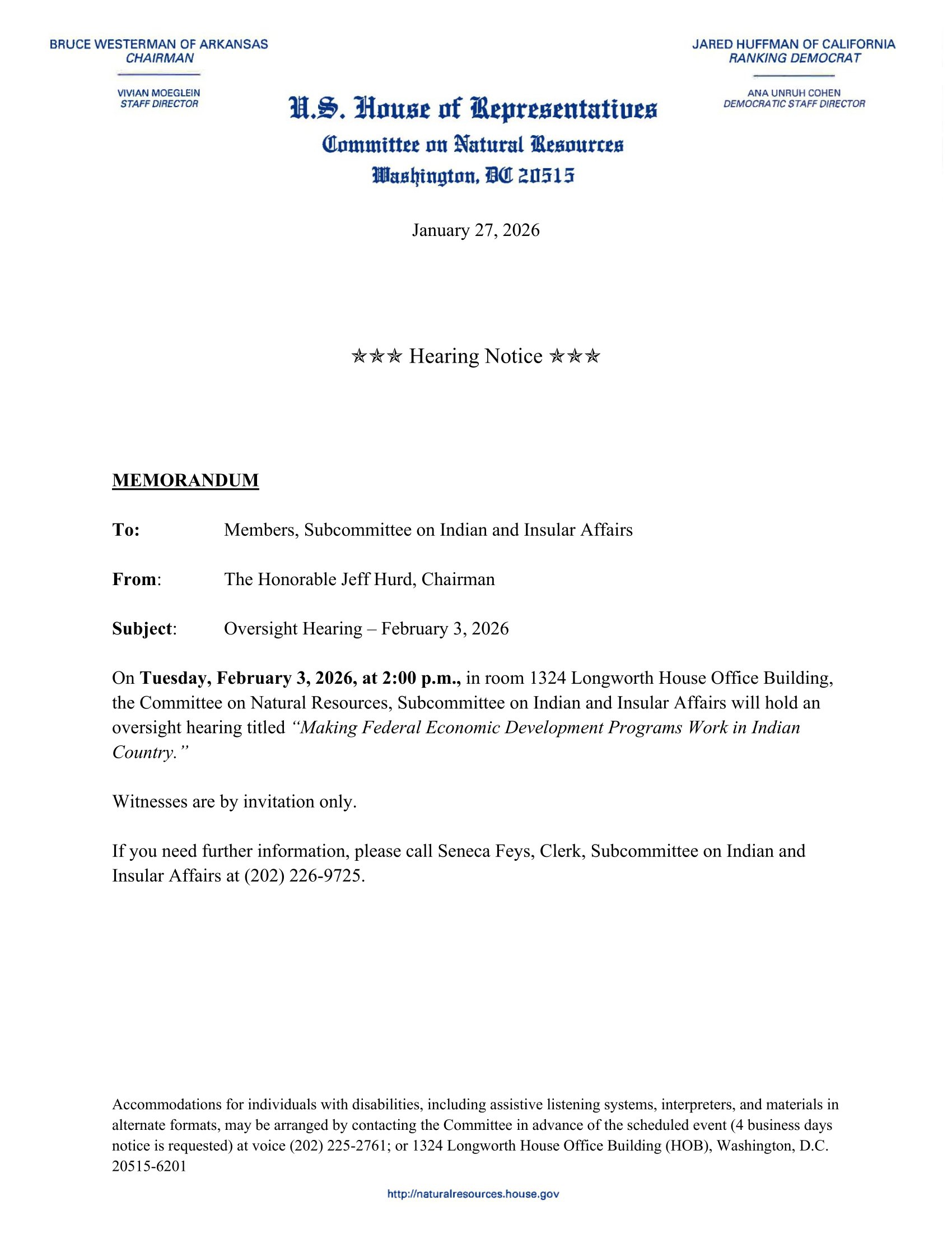 Hearing Notice: Making Federal Economic Development Programs Work in Indian Country
