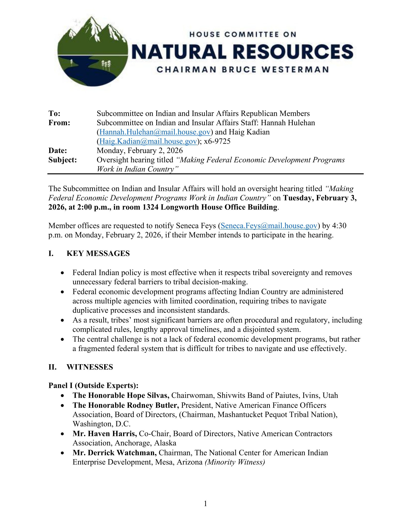 Hearing Memo: Making Federal Economic Development Programs Work in Indian Country