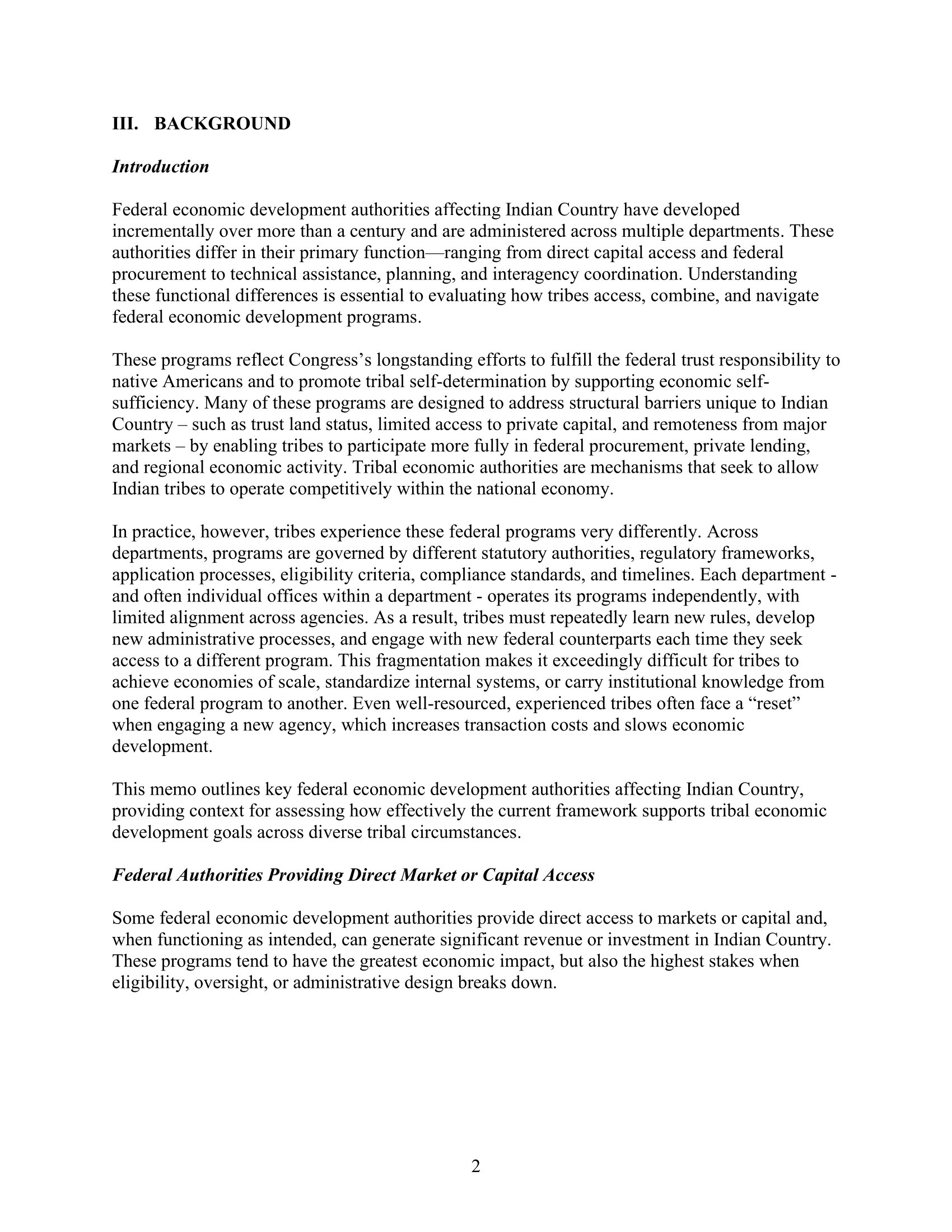 Hearing Memo: Making Federal Economic Development Programs Work in Indian Country