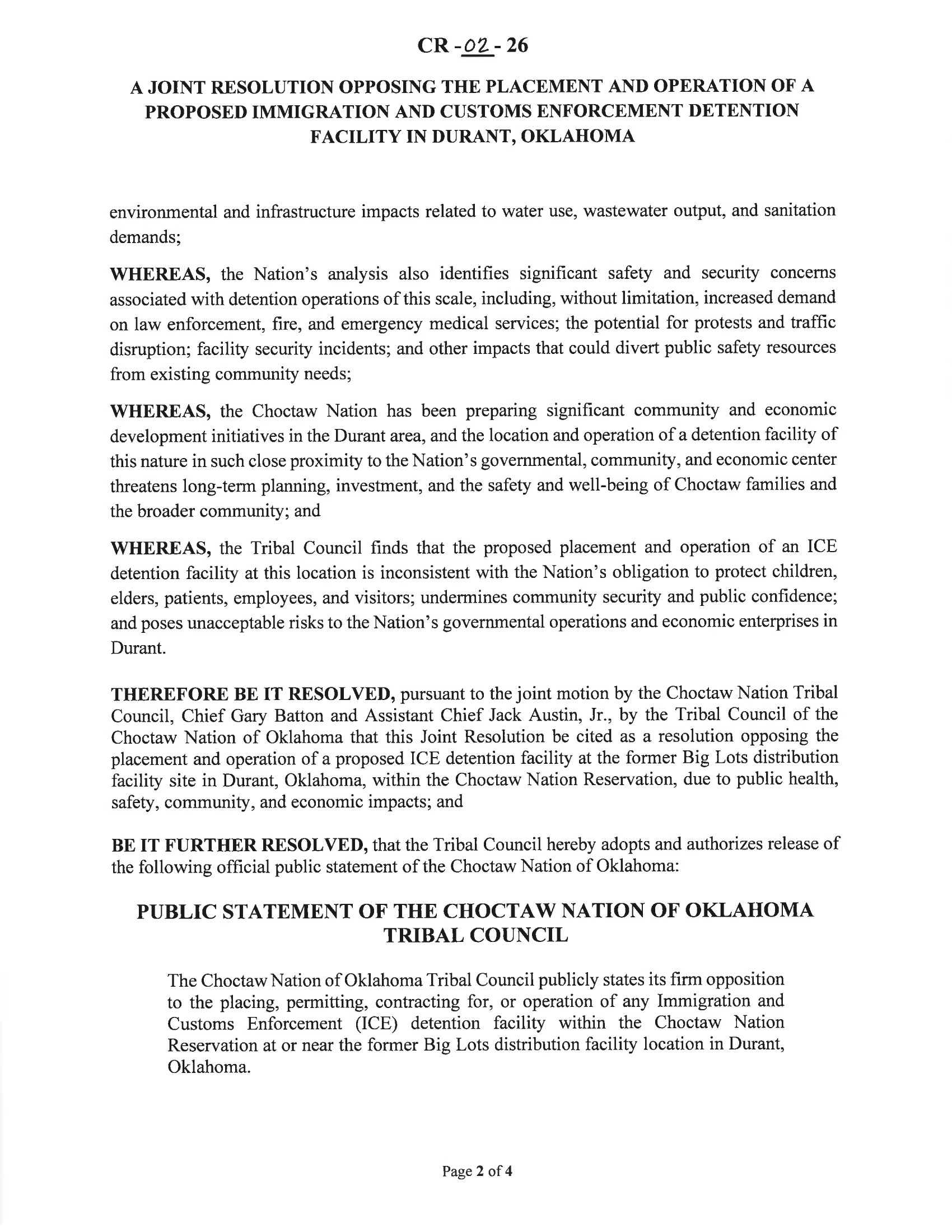 Choctaw Nation Resolution CR-02-26