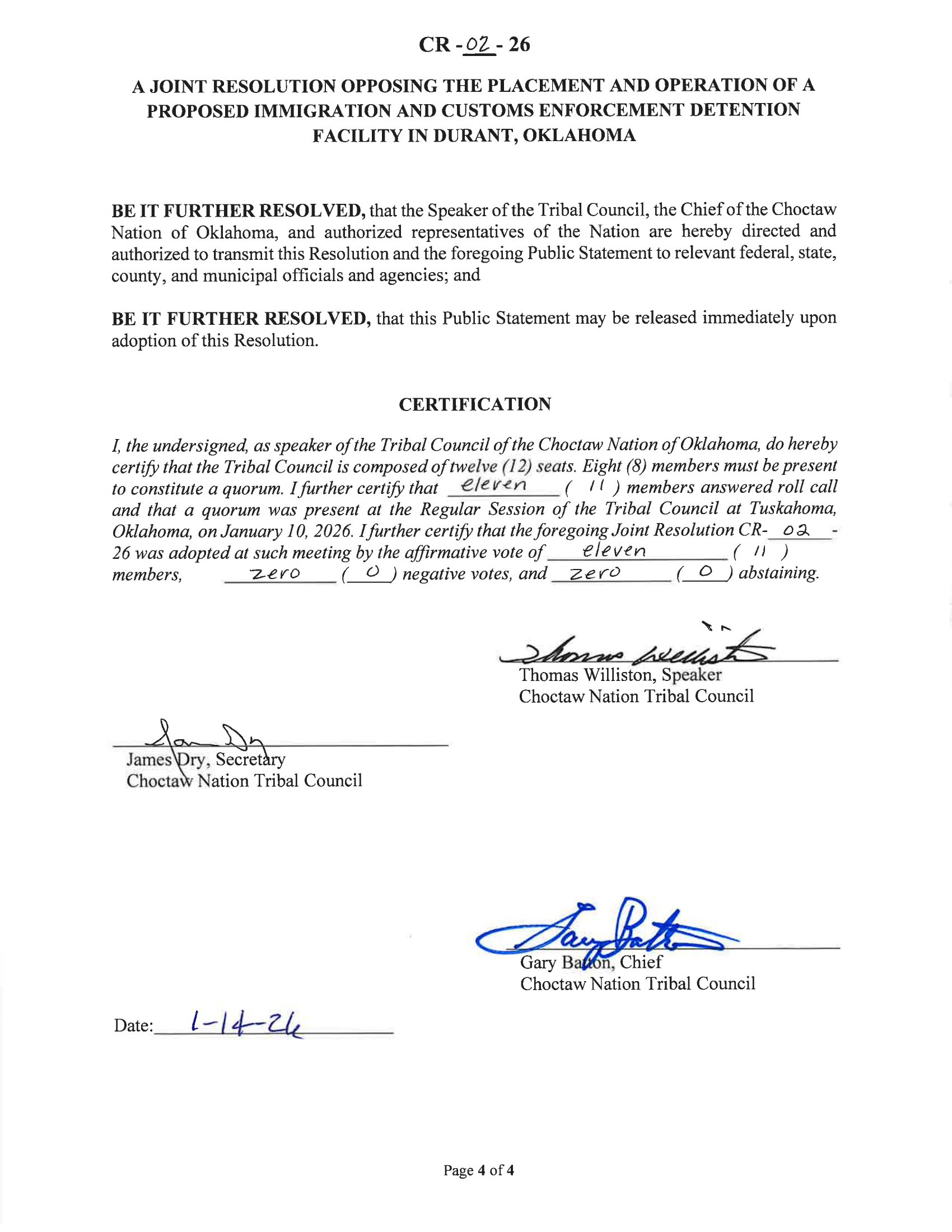 Choctaw Nation Resolution CR-02-26