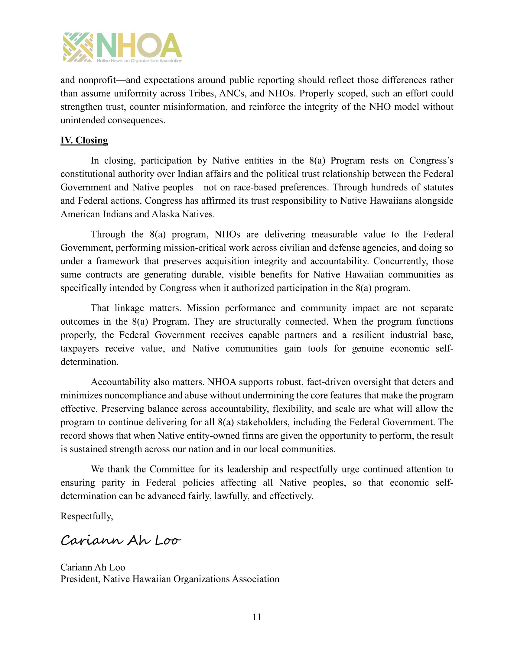 Testimony: Cariann Ah Loo