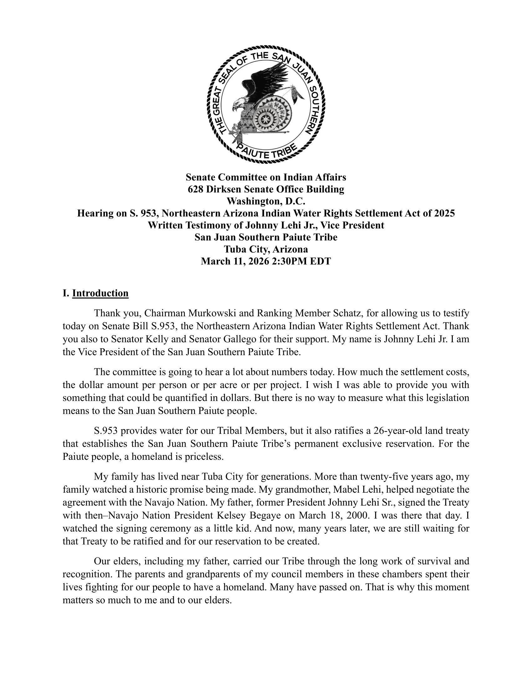 Testimony: Johnny Lehi Jr
