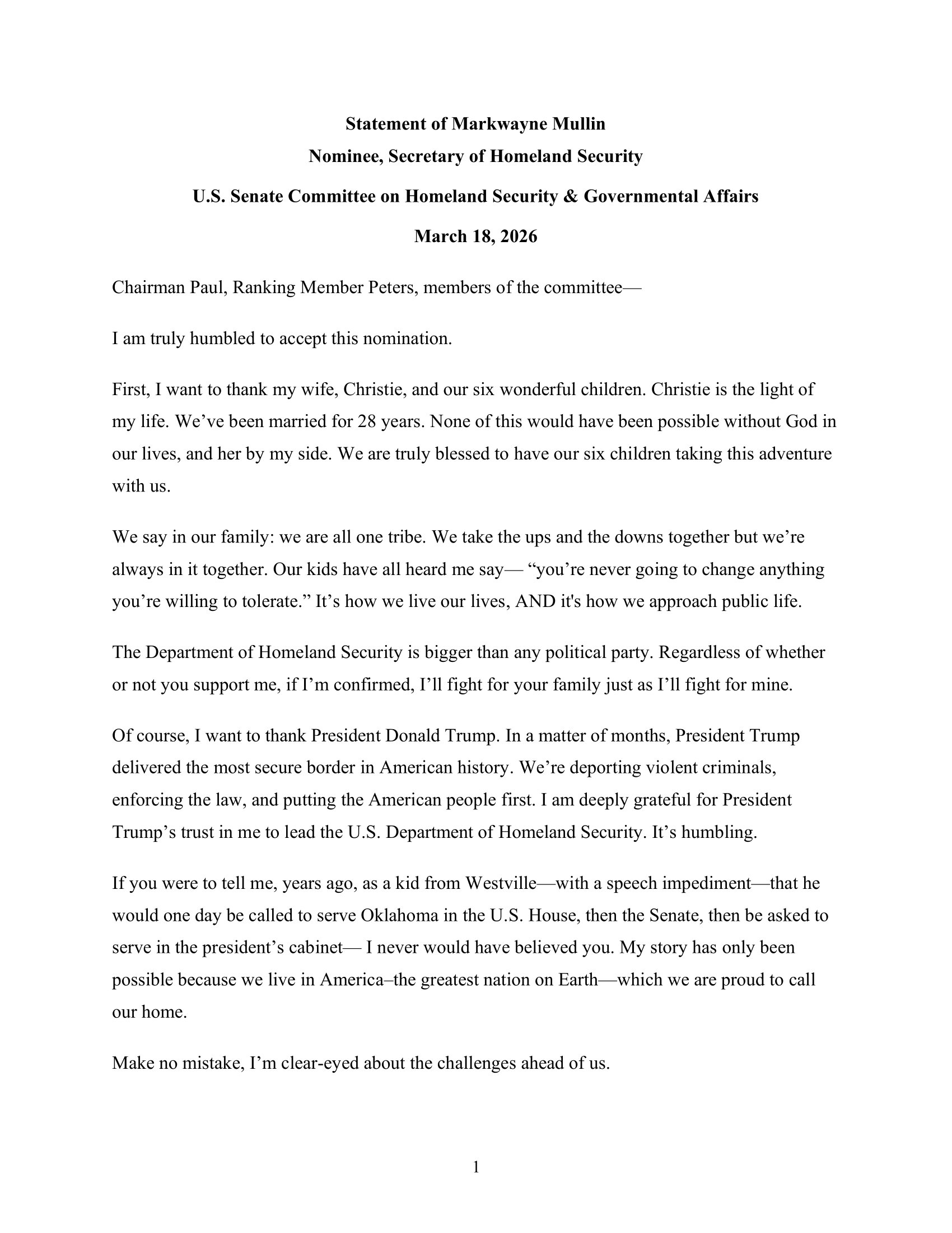 Statement of Markwayne Mullin