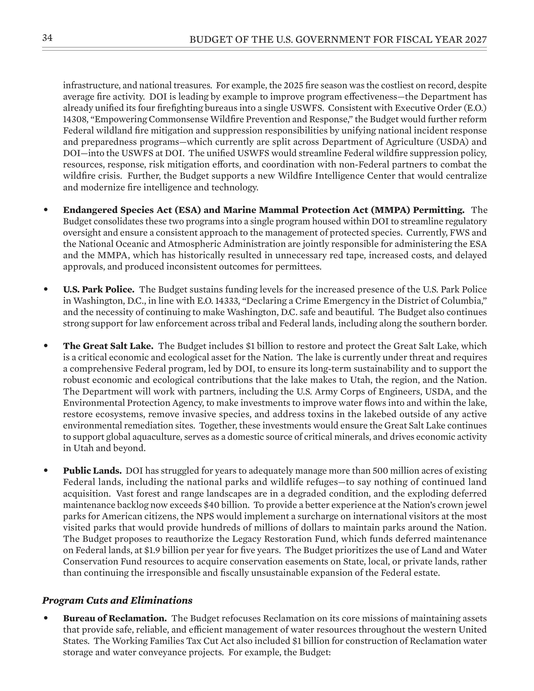 Department of the Interior Fiscal Year 2027 Budget Proposal
