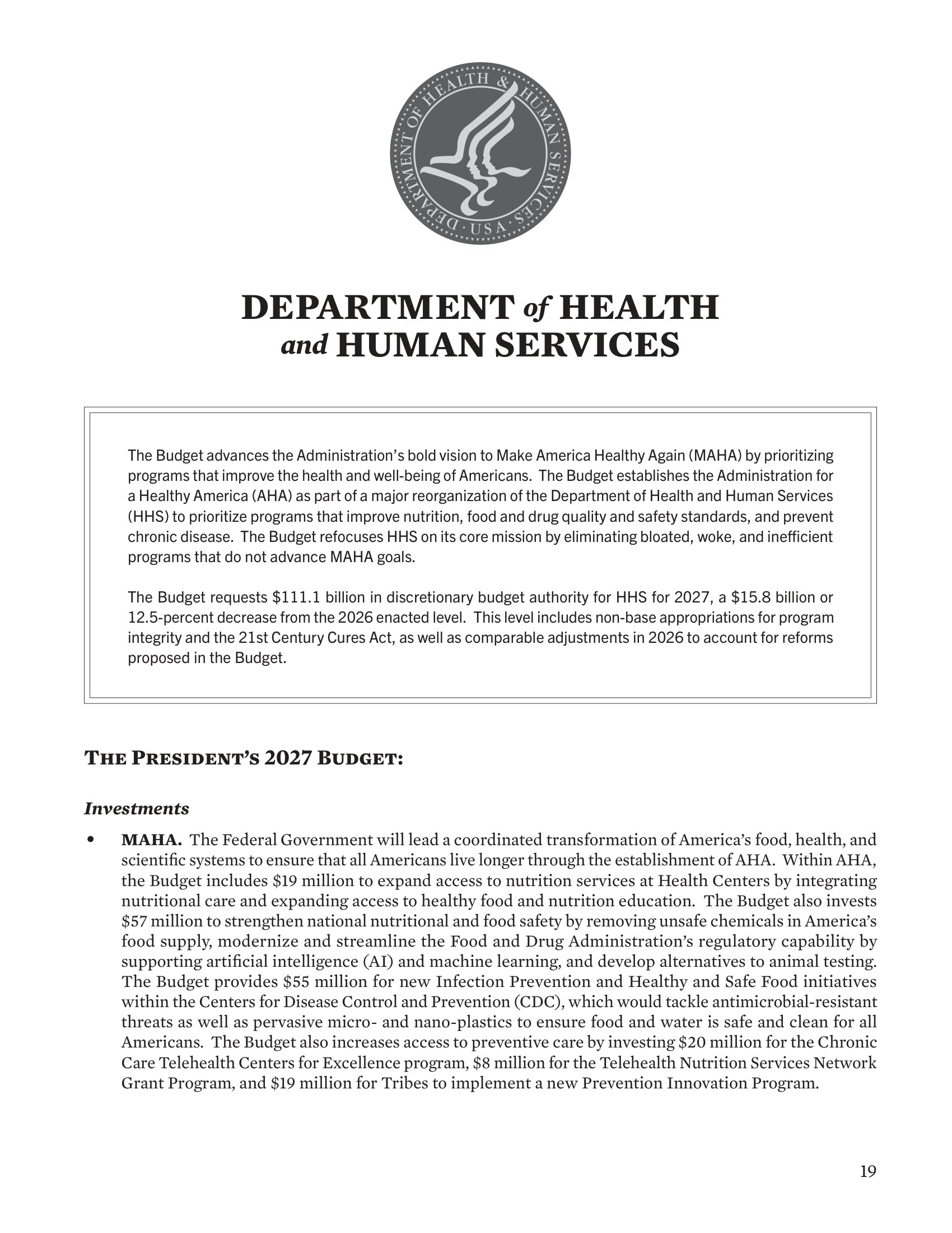 Department of Health and Human Services Fiscal Year 2027 Budget Proposal