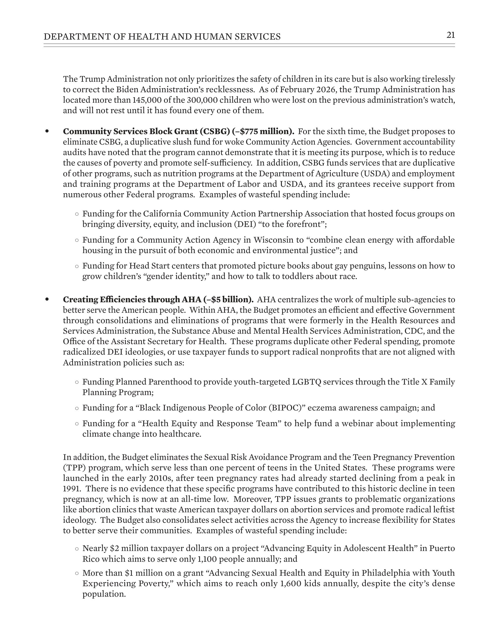 Department of Health and Human Services Fiscal Year 2027 Budget Proposal