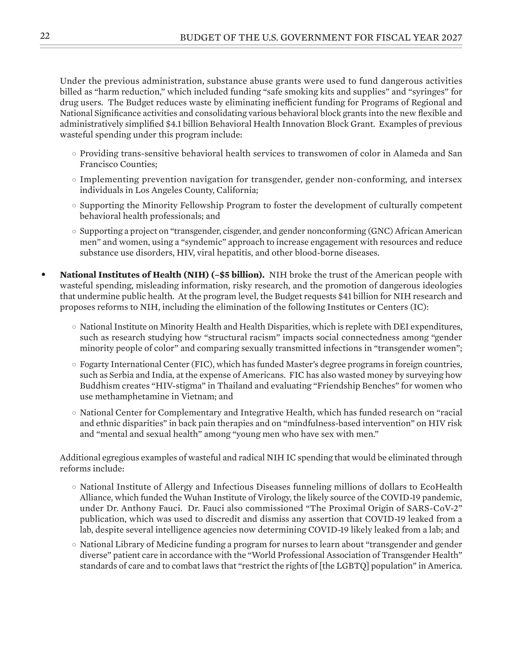 Department of Health and Human Services Fiscal Year 2027 Budget Proposal