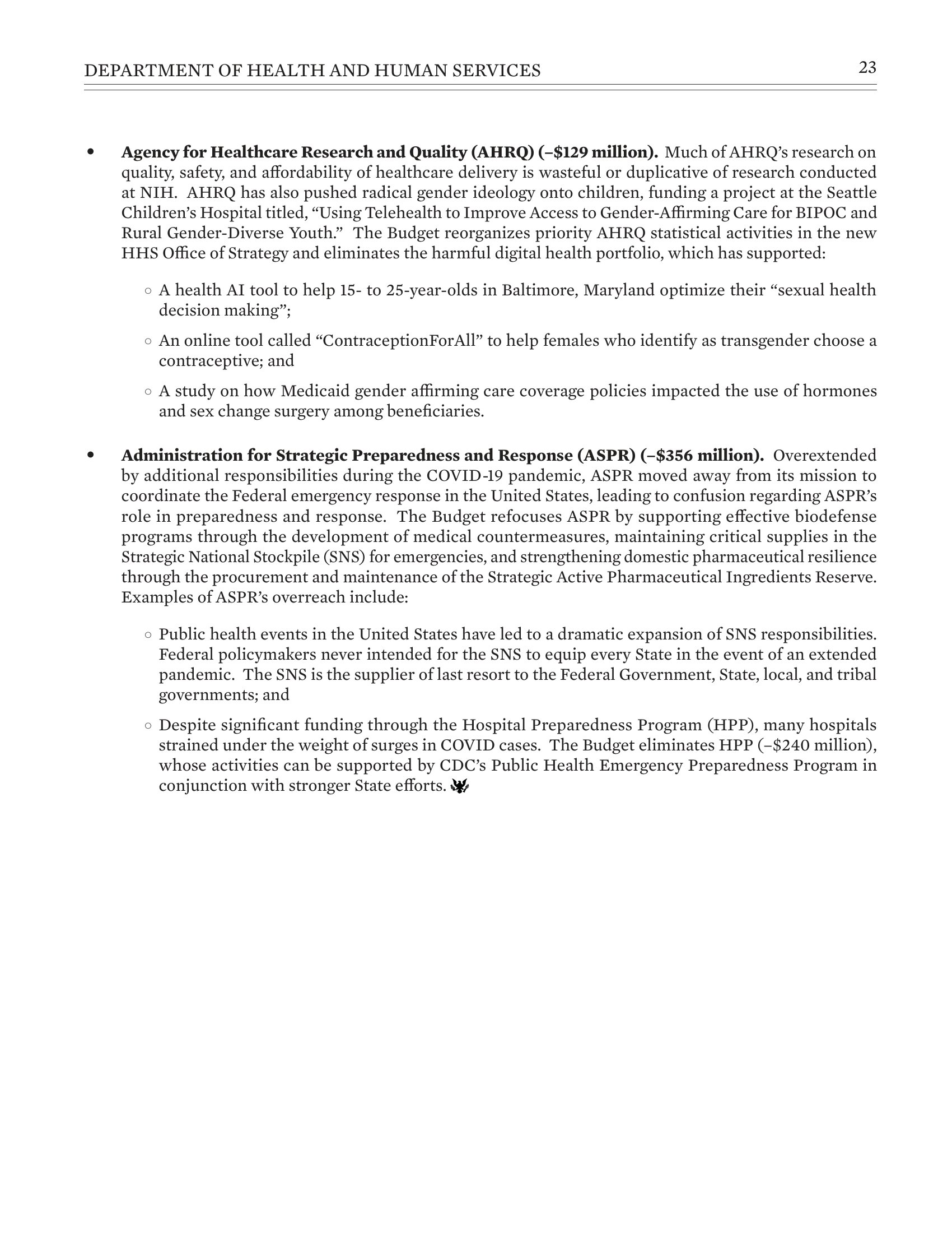 Department of Health and Human Services Fiscal Year 2027 Budget Proposal