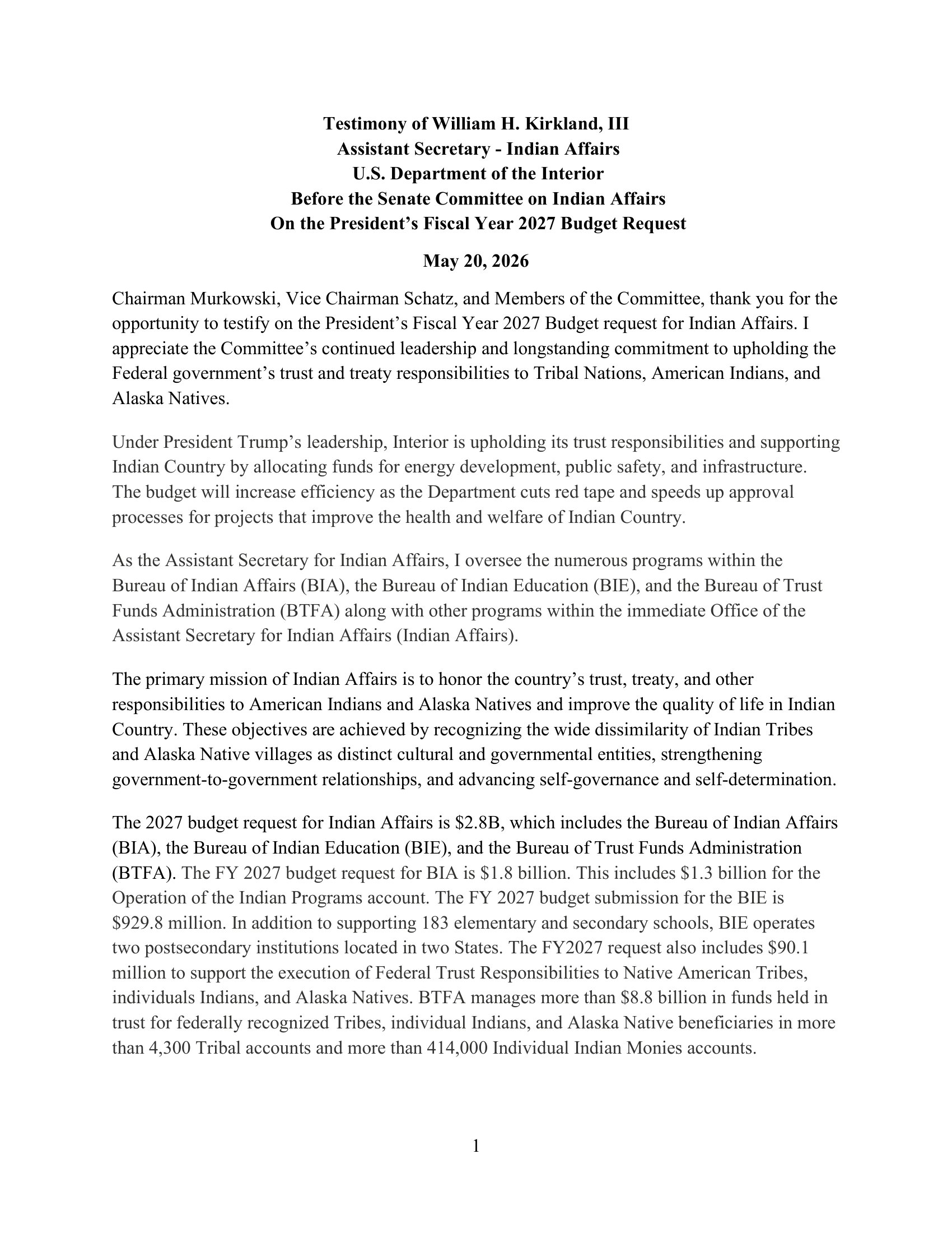 Testimony: William H. Kirkland III