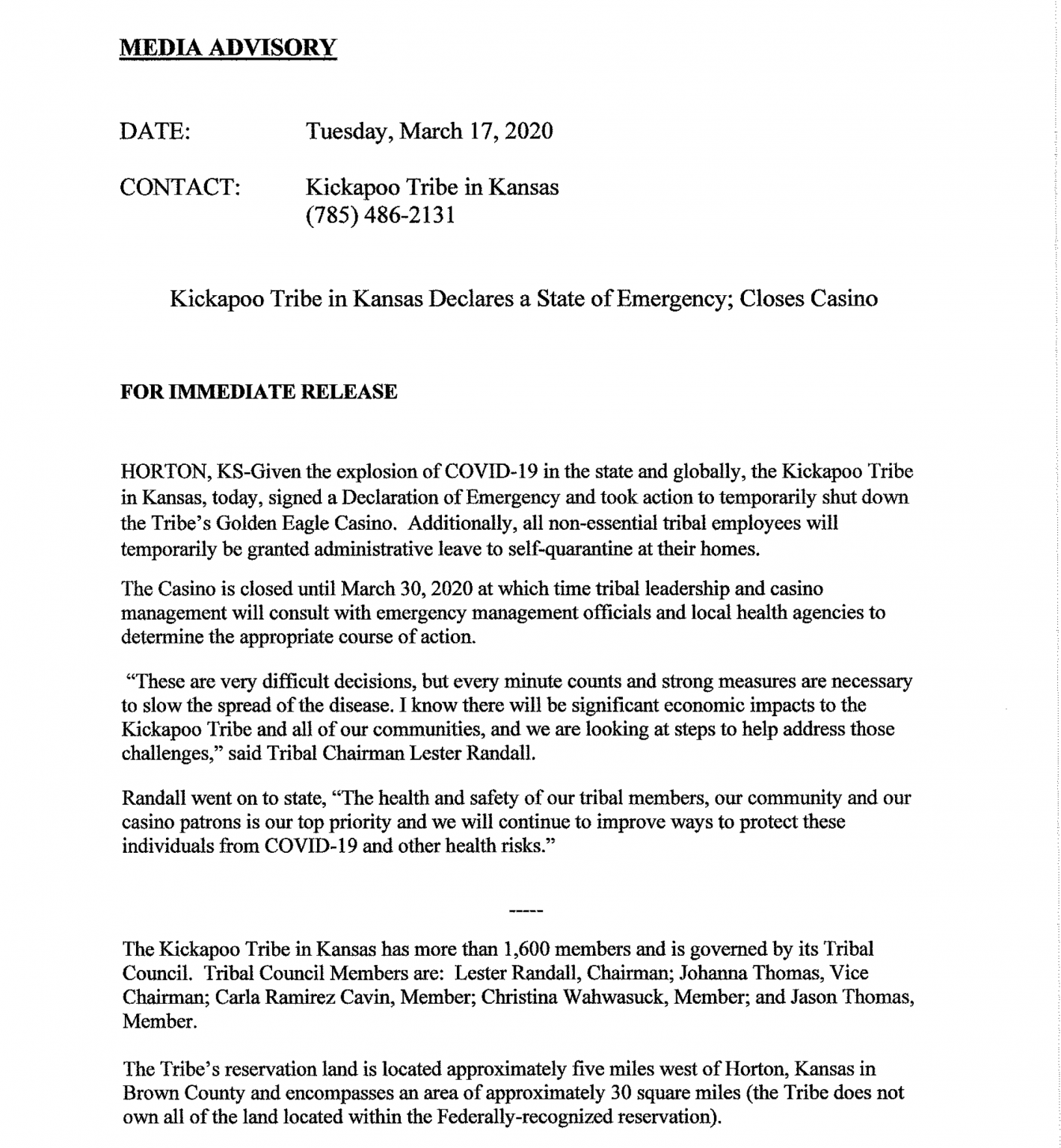 Kickapoo Tribe (Kansas) COVID 19 in Indian Country