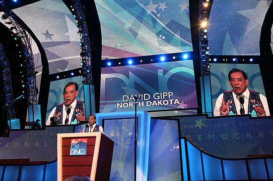David Gipp, president of the United Tribes Technical College in North Dakota, speaks at the Democratic National Convention in Denver, Colorado. August 26, 2008. Photo Lise King/The Native Voice.